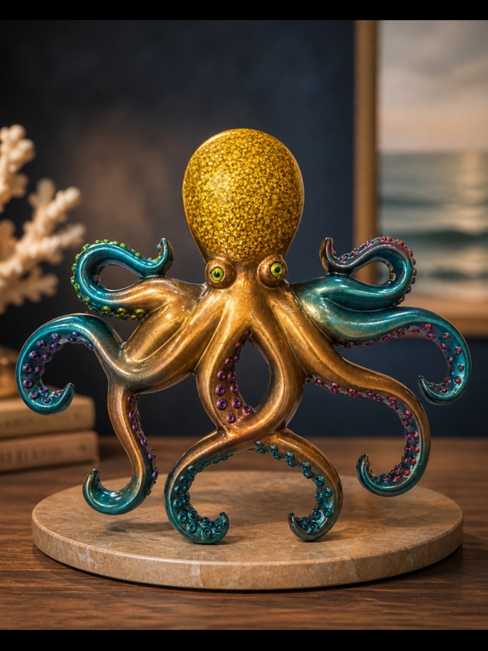 Colorful Octopus Figurine - Gold & Teal Decorative Statue
